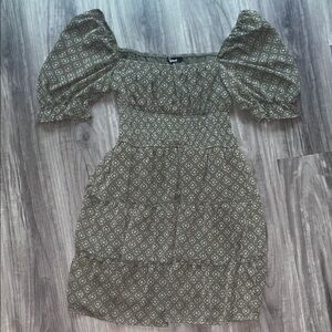 Tweeds Olive Puff-Sleeve Smocked Tiered Mini Dress